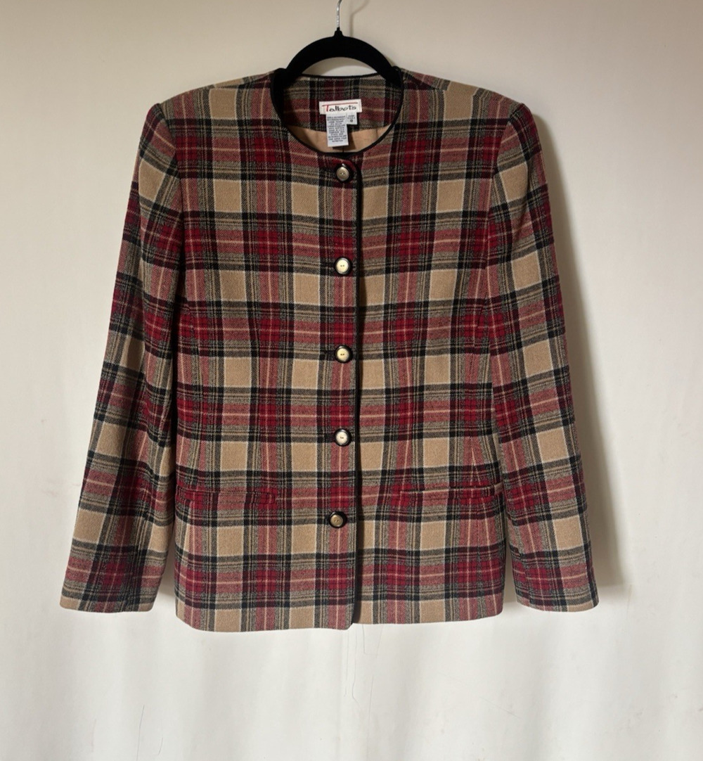 Talbots Blazer Jacket 8 Plaid Check Gold Buttons Fitted Vtg USA Worsted Wool